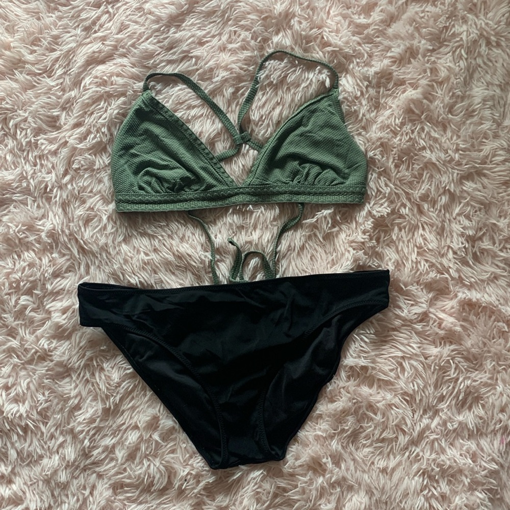 Olive and black bikini, top and bottom